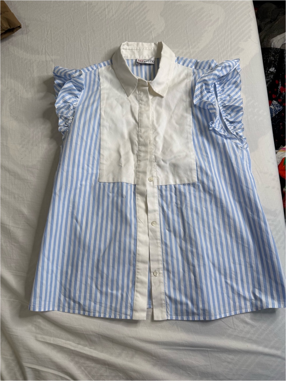 Blue & White Striped Ruffle Sleeve Shirt